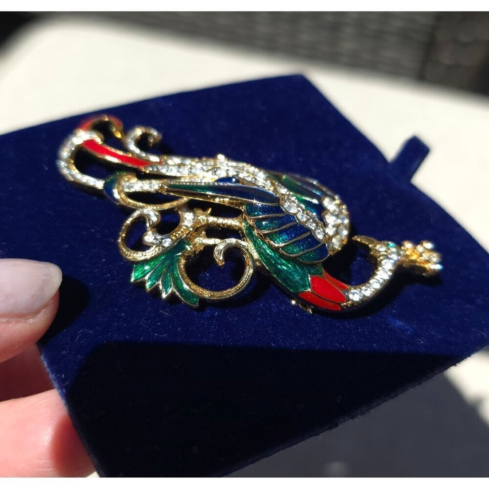 Attwood & Sawyer Peacock Swarovski 22K Gold Plated Enamel Vintage Brooch In Box - Picture 7 of 12